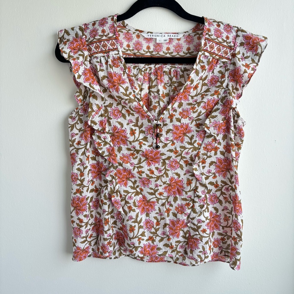Veronica Beard Floral Ruffle Sleeveless Blouse Top Size 2 Pink Orange Boho Chic